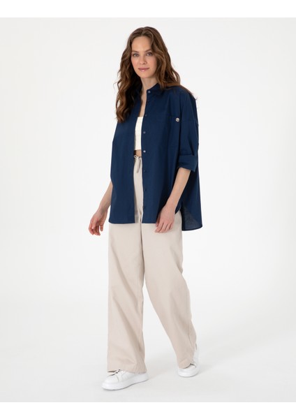 Kadın Lacivert Oversize Uzun Kollu Gömlek 50313596-VR033