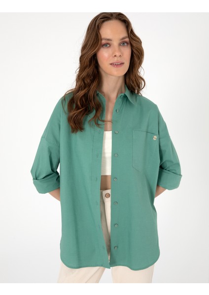 Kadın Yeşil Oversize Uzun Kollu Gömlek 50313596-VR054