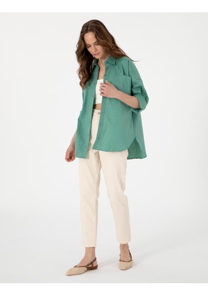 Kadın Yeşil Oversize Uzun Kollu Gömlek 50313596-VR054