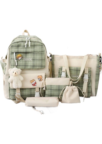 Sevimli Ekose Öğrenci Okul Çantası Kadın Kore Versiyonu Basit Omuz Çantası Beş Set Rahat Japon Sırt Çantaları (Yurt Dışından)