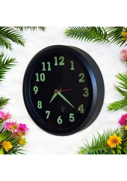 Fosforlu Metal Siyah Mini Duvar Saati Çap 20 cm Küçük Saat