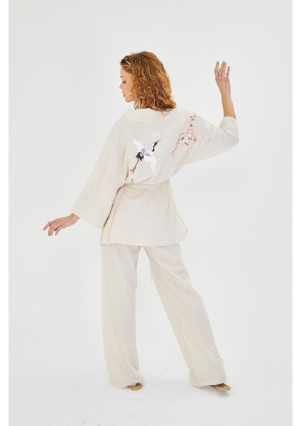 Kuş Nakışlı Keten Görünümlü Kimono