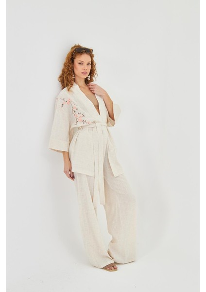 Kuş Nakışlı Keten Görünümlü Kimono