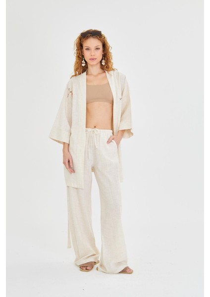 Kuş Nakışlı Keten Görünümlü Kimono