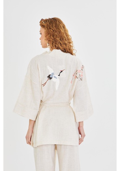 Kuş Nakışlı Keten Görünümlü Kimono