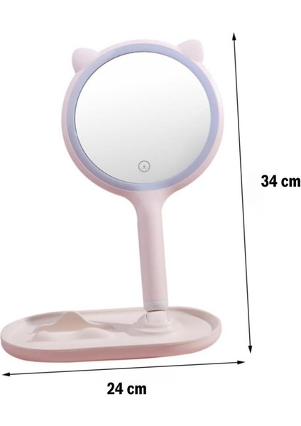 Sanec Kedi Kulaklı Telefon Standlı Yuvarlak Dokunmatik LED Ayarlı Masa Üstü Makyaj Aynası modelleri