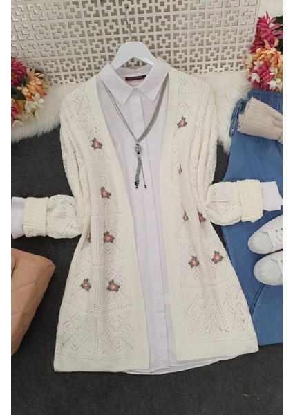 Ajurlu Çiçek Nakışlı Uzun Hırka - Ajurlu Triko Hırka