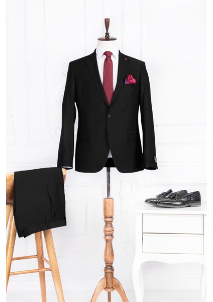 Erkek Slim Fit Mono Yaka Çımalı Siyah 8 Drop Takım Elbise