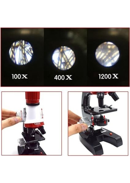 Eğitici Bilim Mikroskop Seti 100X 400X 1200X Zoom LED Işıklı Çocuklar Için Deney Kiti