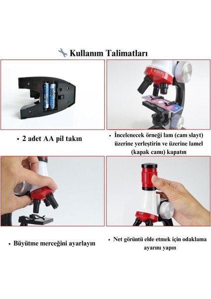 Eğitici Bilim Mikroskop Seti 100X 400X 1200X Zoom LED Işıklı Çocuklar Için Deney Kiti