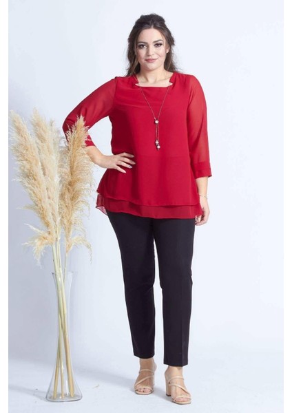 1934 Kolyeli Şifon Büyük Beden Şık Bluz Kırmızı