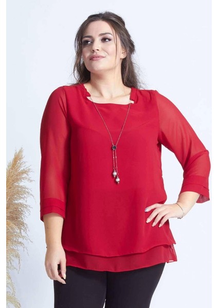 1934 Kolyeli Şifon Büyük Beden Şık Bluz Kırmızı fiyatları