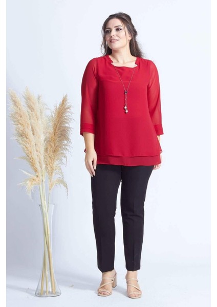1934 Kolyeli Şifon Büyük Beden Şık Bluz Kırmızı modelleri
