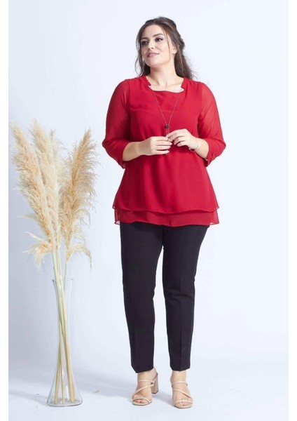 1934 Kolyeli Şifon Büyük Beden Şık Bluz Kırmızı fırsatları