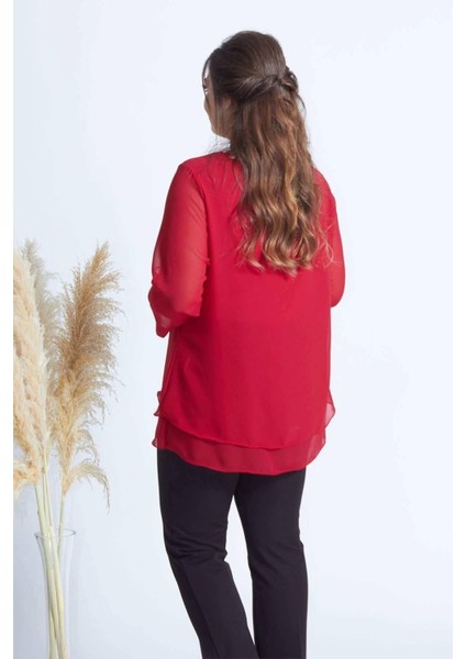 1934 Kolyeli Şifon Büyük Beden Şık Bluz Kırmızı indirimleri