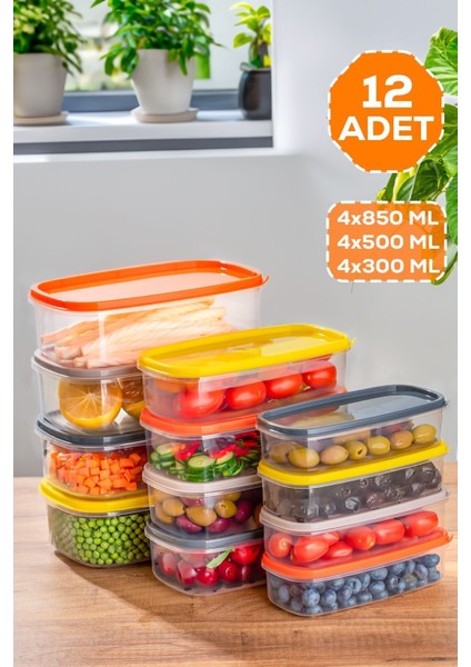 1001 12 Li Dikdörtgen Plastik Saklama Kabı - Çok Amaçlı Gıda Erzak Saklama Kabı Seti