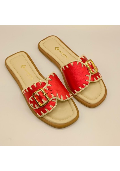 Otantik Kırmızı Deri Kadın Terlik fiyatları