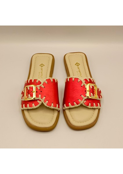 Otantik Kırmızı Deri Kadın Terlik modelleri