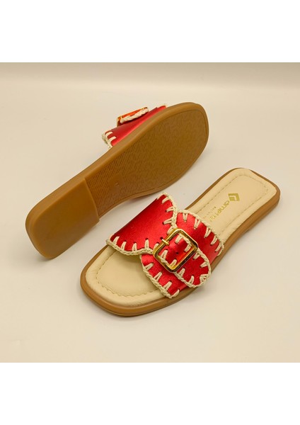 Otantik Kırmızı Deri Kadın Terlik indirimleri
