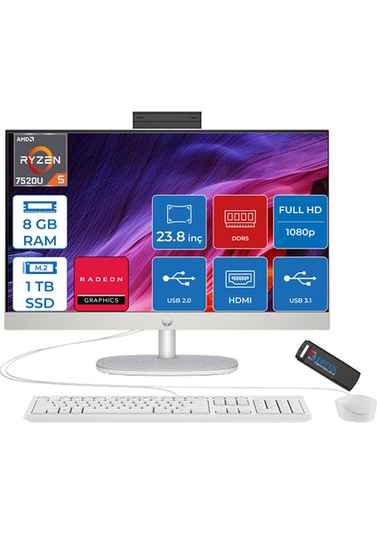 24-CR0034NT Amd Ryzen 5 7520U 8gb 1tb SSD Windows 11 Home Amd Radeon™ Grafik Kartı 23.8 Inç IPS Fullhd All In One Bilgisayar 80B96EAH22+ Zetta Flash Bellek