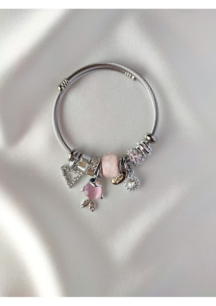 Gümüş Renk Pembe Balık Charmlı Pandora Çelik Bileklik - 3158