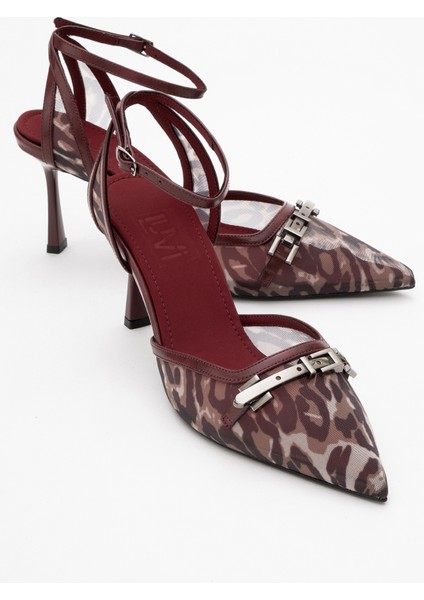 Giorno Bordo Desenli Fileli Tokalı Kadın Bilekten Bağlamalı Topuklu Ayakkabı