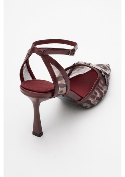 Giorno Bordo Desenli Fileli Tokalı Kadın Bilekten Bağlamalı Topuklu Ayakkabı indirimleri