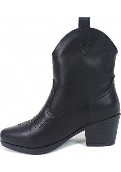 Siyah Renk Cilt Deri Kalın Topuk Kadın Kovboy Bot modelleri