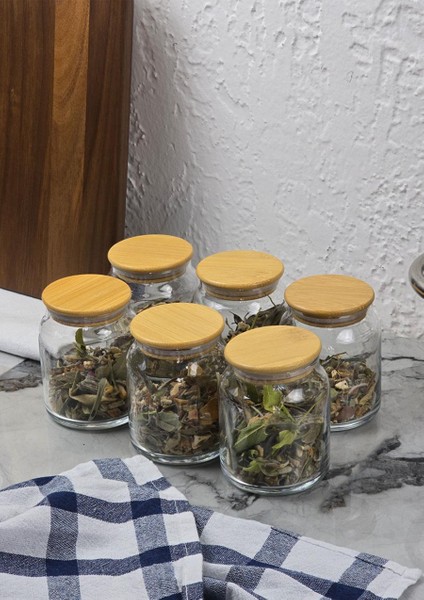 Cam Kavanoz Seti - 6'lı Bambu Kapaklı Kavanoz Takımı - 12 Parça, 250 ml