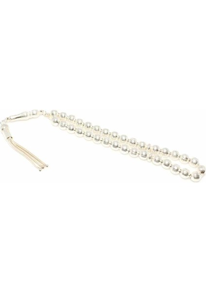 925 Ayar Gümüş Küre Çizgi Desenli Tesbih Beyaz