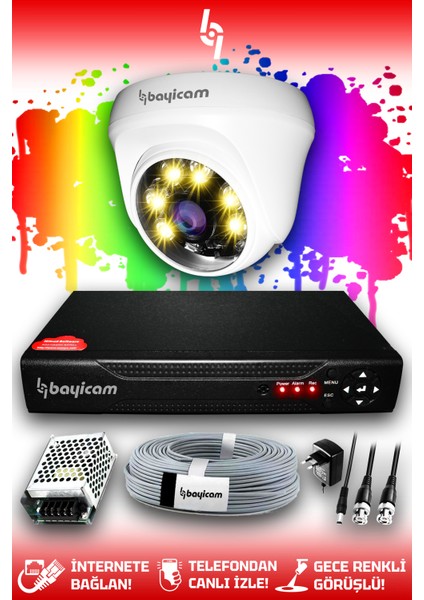 1 Kameralı Dome 1 Iç Kamera Set Hdd'siz Full Hd Renkli Gece Görüşlü Güvenlik Kamerası Sistemi
