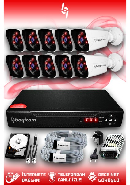 10 Kameralı Kare 10 Dış Kamera Set 100 GB HDD Full Hd Gece Görüşlü Güvenlik Kamerası Sistemi
