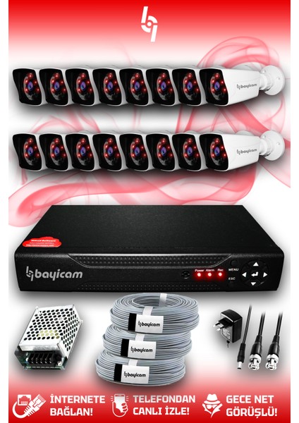 16 Kameralı Kare 16 Dış Kamera Set Hdd'siz Full Hd Gece Görüşlü Güvenlik Kamerası Sistemi