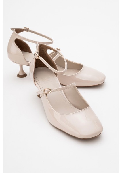 Emly Ekru Rugan Küt Burunlu Kadın Kısa Topuklu Ayakkabı