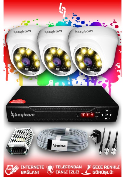 3 Kameralı Dome 3 Iç Kamera Set Hdd'siz Full Hd Renkli Gece Görüşlü Güvenlik Kamerası Sistemi