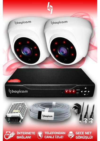 2 Kameralı Dome 2 Iç Kamera Set Hdd'siz Full Hd Gece Görüşlü Güvenlik Kamerası Sistemi