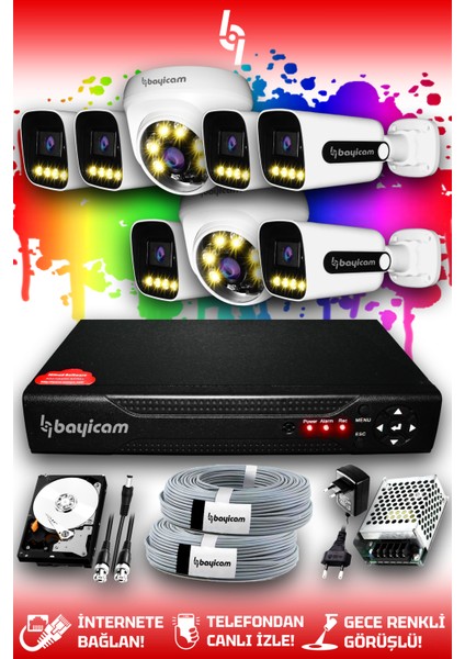 8 Kameralı Zebra 2 Iç Kamera Set 2 Tb HDD Full Hd Renkli Gece Görüşlü Güvenlik Kamerası Sistemi