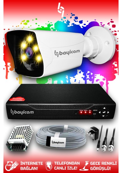 1 Kameralı Kare 1 Dış Kamera Set Hdd'siz Full Hd Renkli Gece Görüşlü Güvenlik Kamerası Sistemi