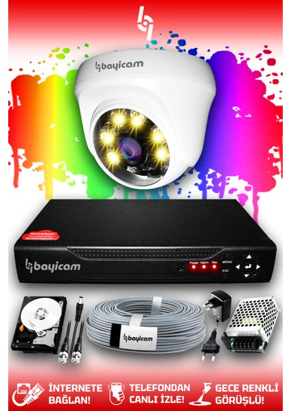 1 Kameralı Dome 1 Iç Kamera Set 250 GB HDD Full Hd Renkli Gece Görüşlü Güvenlik Kamerası Sistemi