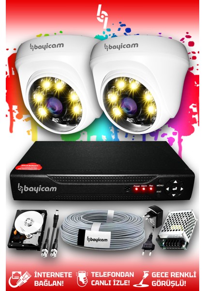 2 Kameralı Dome 2 Iç Kamera Set 320 GB HDD Full Hd Renkli Gece Görüşlü Güvenlik Kamerası Sistemi