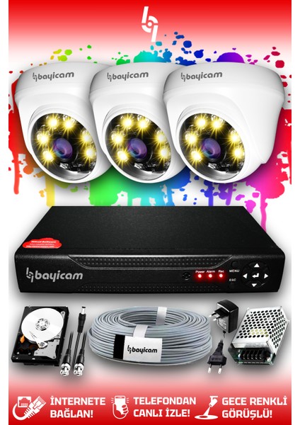 3 Kameralı Dome 3 Iç Kamera Set 500 GB HDD Full Hd Renkli Gece Görüşlü Güvenlik Kamerası Sistemi