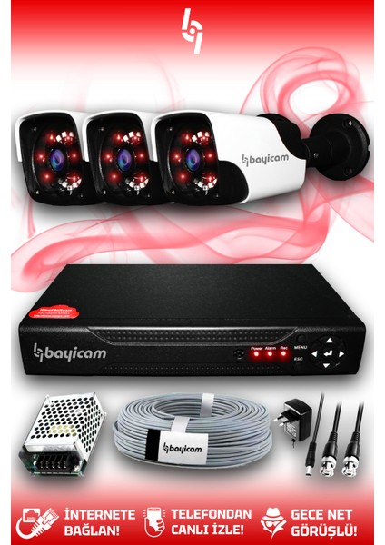 3 Kameralı Panda 3 Dış Kamera Set Hdd'siz Full Hd Gece Görüşlü Güvenlik Kamerası Sistemi