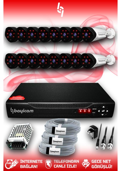 16 Kameralı Uzay 16 Dış Kamera Set Hdd'siz Full Hd Gece Görüşlü Güvenlik Kamerası Sistemi