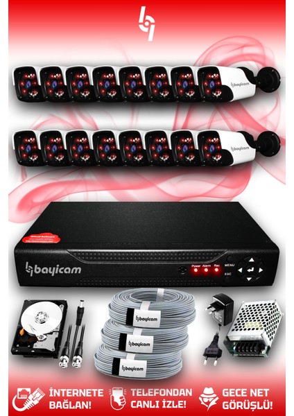 16 Kameralı Panda 16 Dış Kamera Set 1 Tb HDD Full Hd Gece Görüşlü Güvenlik Kamerası Sistemi