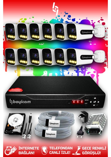 12 Kameralı Zebra 12 Dış Kamera Set 500 GB HDD Full Hd Renkli Gece Görüşlü Güvenlik Kamerası Sistemi