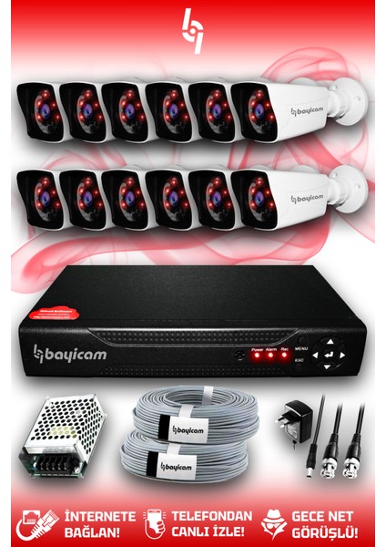 12 Kameralı Kare 12 Dış Kamera Set Hdd'siz Full Hd Gece Görüşlü Güvenlik Kamerası Sistemi