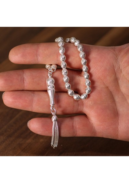 925 Ayar Gümüş Arpa Kesim Desenli Tesbih İmame Beyaz