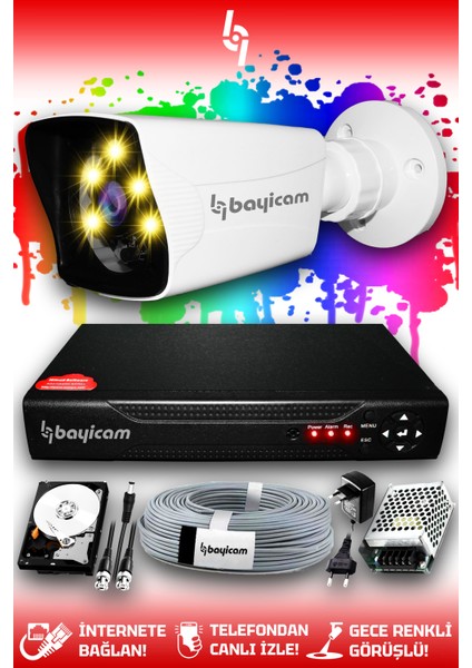 1 Kameralı Kare 1 Dış Kamera Set 500 GB HDD Full Hd Renkli Gece Görüşlü Güvenlik Kamerası Sistemi