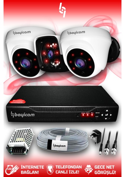 3 Kameralı Panda 2 Iç Kamera Set Hdd'siz Full Hd Gece Görüşlü Güvenlik Kamerası Sistemi