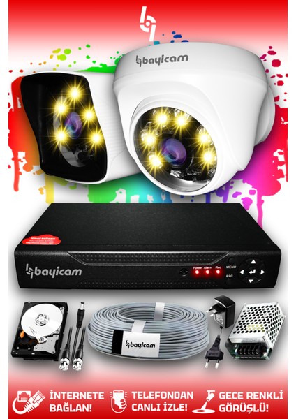 2 Kameralı Kare 1 Iç Kamera Set 2 Tb HDD Full Hd Renkli Gece Görüşlü Güvenlik Kamerası Sistemi